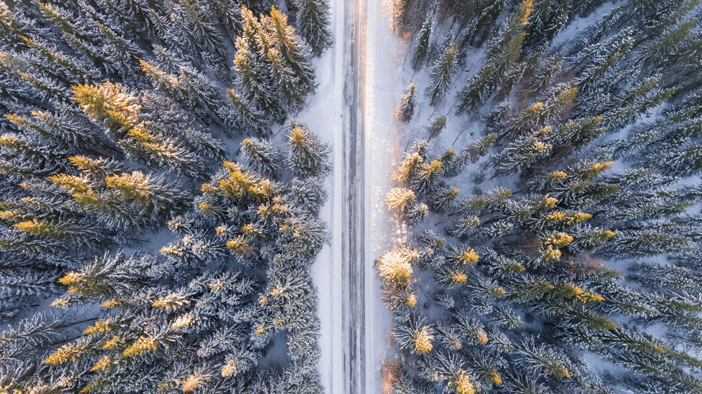 winter road from airplane