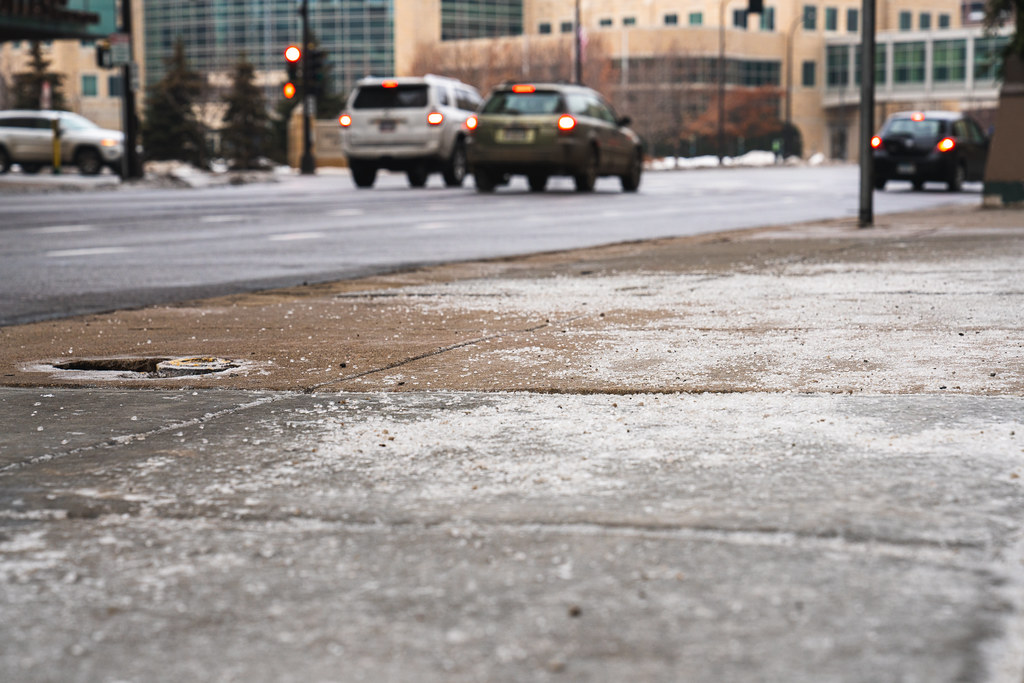 Icy roads needing rock salt or calcium chloride